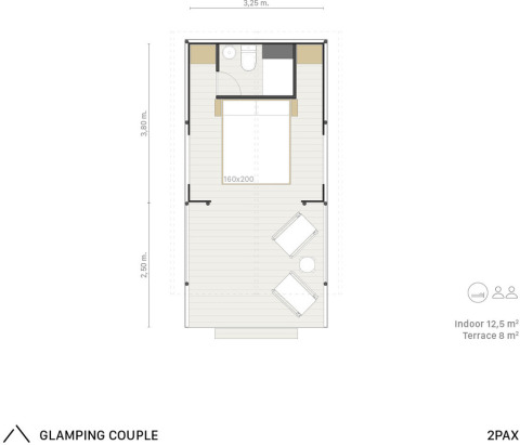 Plattegrond van de Glamping Couple safaritent bij Wecamp Cabo de Gata, Spanje, 12,5 m² binnenruimte.