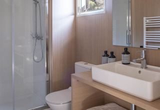 Salle de bain moderne avec douche, toilettes, lavabo carré, fenêtre ouverte et serviettes en glamping.