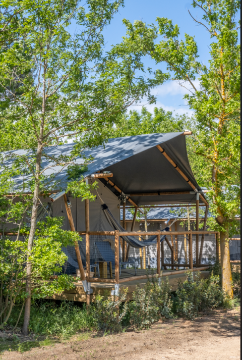 Safari tent Lodge Family Plus met veranda en hangmat, omringd door bomen, perfect voor een gezinsvakantie.