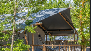 Safari tent Lodge Family Plus met veranda en hangmat, omgeven door bomen, ideaal voor een gezinsuitje.