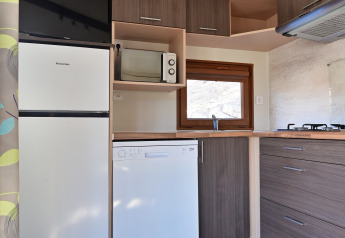 Moderne tekøkken med opvaskemaskine, køleskab, mikroovn og træskabe i Mobile Home Basic Family+.