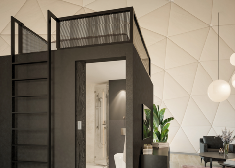 Modern interieur van een koepel met zwart hoogslaperbed, planten en badkamer bij Domo Family in Wecamp Pedraforca.