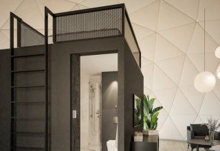 Modern interieur van een koepel met zwart hoogslaperbed, planten en badkamer bij Domo Family in Wecamp Pedraforca.