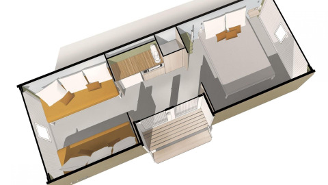 3D grondplan van de Coco Suite safaritent in Weekend Glamping Resort Italië, met slaap- en badkamer.