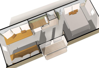 3D grondplan van de Coco Suite safaritent in Weekend Glamping Resort Italië, met slaap- en badkamer.