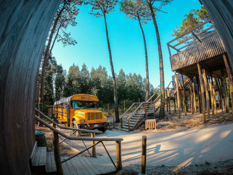 Photo d’un bus scolaire jaune transformé en tiny house au Chianti Glamping Resort, en Italie, entouré d’arbres.