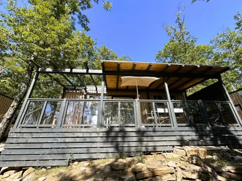 Vue du 'Cottage Next' L Evo au Chianti Glamping Resort, Italie, un lodge moderne en bois entouré d’arbres.