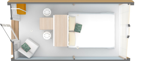 Top-down foto af Coco Couple pod på Lago Idro Glamping Boutique i Italien med dobbeltseng og siddeområde.