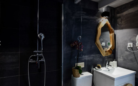 Moderne badkamer met douche, houten omrands spiegel en orchidee in Couple Domes bij Wecamp Reserva Alecrim.