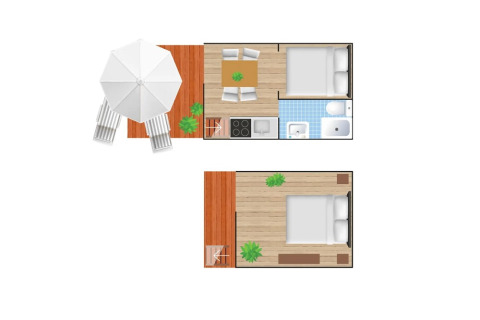 Plattegrond van de Air Lodge 2.0 safaritent met terras, twee slaapkamers, badkamer en keuken op Trasimeno Glamping Resort.