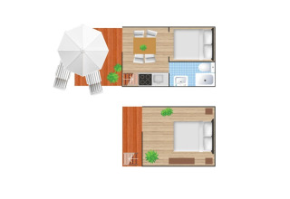 Plattegrond van de Air Lodge 2.0 safaritent met terras, twee slaapkamers, badkamer en keuken op Trasimeno Glamping Resort.
