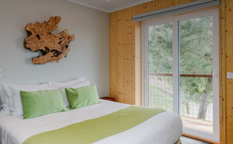 Slaapkamer in Dome House Duplex bij Wecamp Reserva Alecrim, Portugal, met houten inrichting en groene kussens.