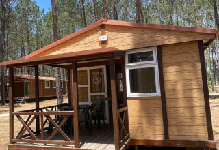 Bungalow Family hut bij Wecamp Sao Miguel in Portugal, met houten veranda en omgeven door pijnbomen.