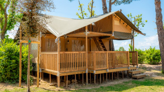 Tenda safari Spotty Lodge Ranger con veranda in legno, terrazza coperta e circondata da alberi verdi.