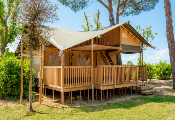Spotty Lodge Ranger safaritent met houten veranda en overdekt terras, omgeven door groene bomen.
