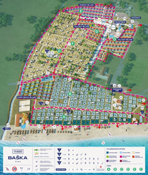 Map of Camping Baška holiday park in Croatia showing accommodation zones, facilities, and beach access.