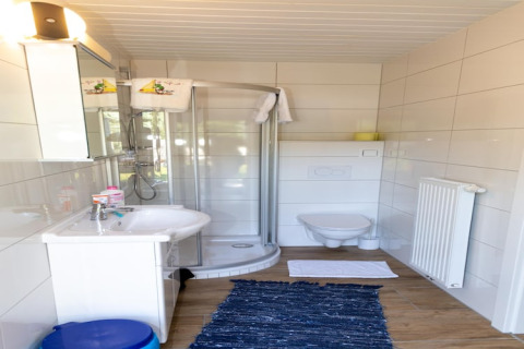 Moderne badeværelse i Blasge Bungalow 1 Østrig med brusekabine, væghængt toilet og hvidt interiør.
