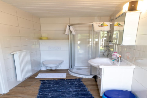 Moderne badeværelse i Blasge Bungalow 1, Østrig, med bruseniche, toilet og hvidt interiør.