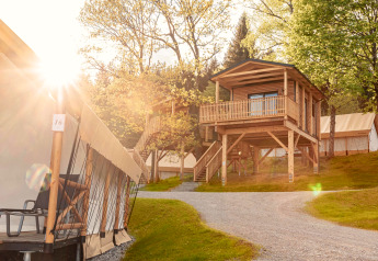 Glamping-Unterkunft mit luxuriösen Zelten und Baumhaus im Sonnenlicht, umgeben von grüner Natur.