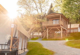Alloggio glamping con tende di lusso e una casa in legno sopraelevata, circondata dalla natura.
