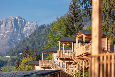 Chalet in legno per glamping con vista sulle montagne e alberi verdi, ideale per una fuga nella natura.
