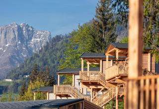 Chalet in legno per glamping con vista sulle montagne e alberi verdi, ideale per una fuga nella natura.