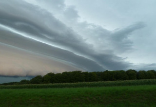 Dramatiske skyformationer over grønne marker og træer ved et glampingophold under overskyet himmel.