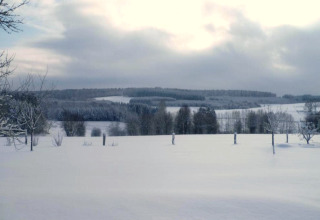 Winterzicht vanaf een glampingverblijf, besneeuwde velden, kale bomen en een bewolkte hemel.