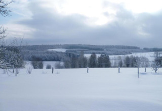 Winterlandschaft bei einer Glamping-Unterkunft mit verschneiten Feldern, Bäumen und trübem Himmel.