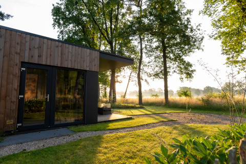 Außenansicht der Boslodge 2 mit Sauna bei Hofparken Wiltershaar in den Niederlanden, von Bäumen umgeben.