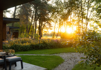 Vista sul giardino e terrazza soleggiati della Holiday villa Boslodge 2 con sauna e recinto per cani a Hofparken Wiltershaar.