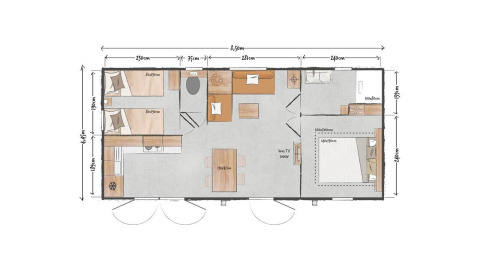 Plattegrond van Sunset Lodge in Vakantiepark Leukermeer met kamerindeling en maten, Nederland.