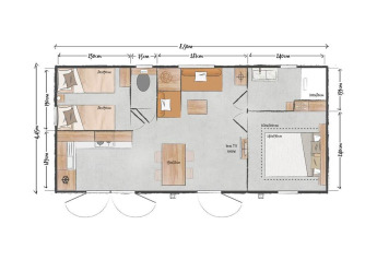 Planimetria del Sunset Lodge presso Vakantiepark Leukermeer, con layout e misure delle stanze, Paesi Bassi.