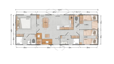 Grondplan van Sunset Lodge in Vakantiepark Leukermeer, Nederland, toont kamers en afmetingen.