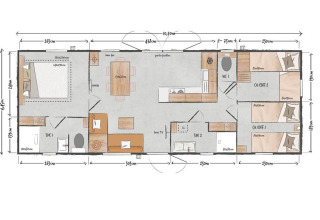 Plantegning af Sunset Lodge ved Vakantiepark Leukermeer, viser værelser, stue, køkken og mål.