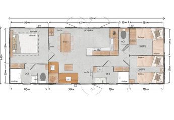 Plano de Sunset Lodge en Vakantiepark Leukermeer, Países Bajos, con habitaciones y dimensiones visibles.
