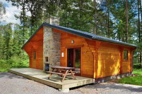Chalet en bois De Boshut avec cheminée en pierre, terrasse et table de pique-nique dans la forêt.