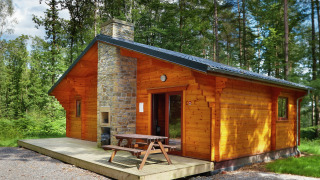 Chalet en bois De Boshut avec cheminée en pierre, terrasse et table de pique-nique dans la forêt.