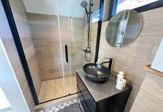Baño moderno en Pine Tree Tiny Cottage en Bélgica, con ducha, lavabo negro y espejo redondo.