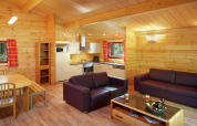 Interior view of chalet 'De Boshut' in Belgium, featuring wood-paneled walls, kitchen, and two sofas.