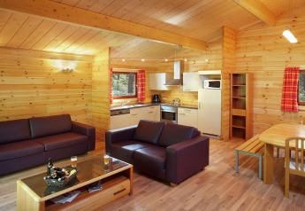 Cozy living room and kitchen inside the chalet «De Boshut» in Belgium, featuring wood decor and modern furnishings.
