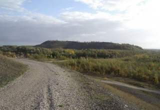 Chemin de gravier serpentant entre collines boisées près du chalet « De Boshut » en Belgique, sous ciel nuageux.