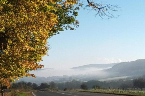 Vue d’un glamping sur une route calme, arbres d’automne, collines et brume matinale dans la vallée.