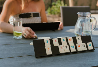 Een persoon speelt Rummikub aan een buitentafel bij een lodge, met een glas water en limoen naast zich.