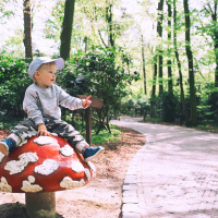 Niño pequeño sentado sobre una seta grande junto a un sendero forestal en un parque vacacional de glamping.