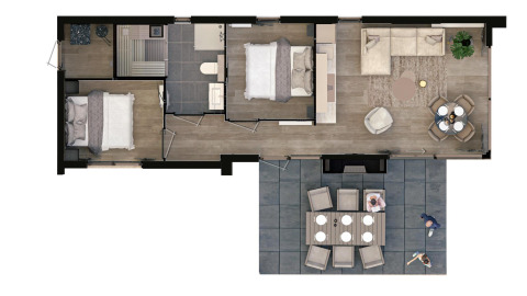 Plattegrond van Villa «Bloomingdale» in MarinaPark Residentie Bloemendaal, moderne lodge met twee slaapkamers en terras.