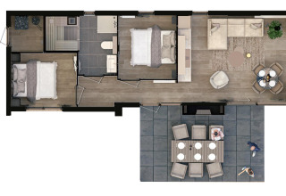 Plattegrond van Villa «Bloomingdale» in MarinaPark Residentie Bloemendaal, moderne lodge met twee slaapkamers en terras.