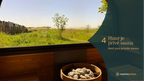 View from a sauna at a glamping accommodation with green fields, wooden fence, and private sauna info graphic