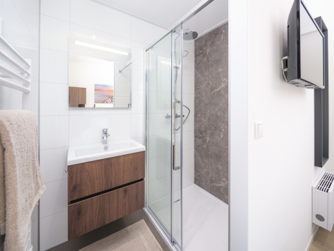 Salle de bain moderne en lodge avec douche en verre, meuble en bois, miroir et télévision murale.