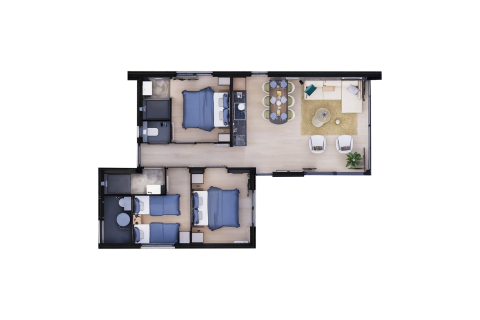 Grundriss einer Lodge mit zwei Schlafzimmern, zwei Bädern, Wohnbereich, Essbereich und Küche.